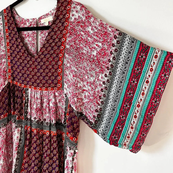 Dani Collection Patchwork Boho Tunic Blouse Small Cottagecore Floral Deep V Neck - Picture 3 of 10